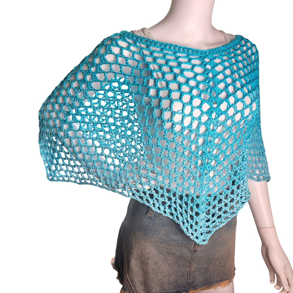 Handmade Crochet Shawl Women Teal Ombre Cotton Boho Poncho - Picture 9 of 12